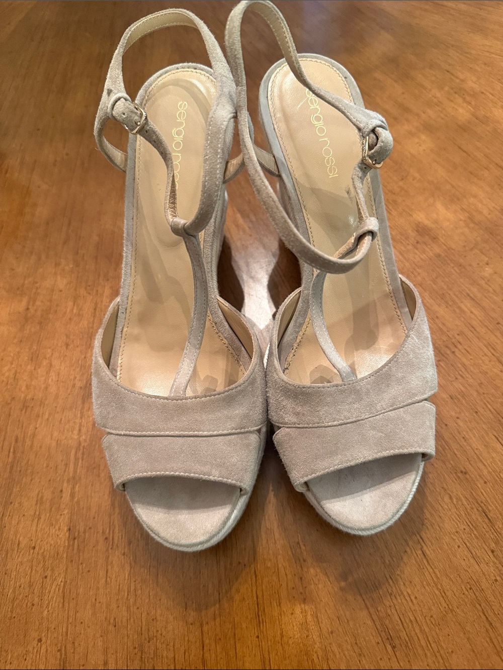 Sergio Rossi Beige Suede T-Strap Slingback Heels